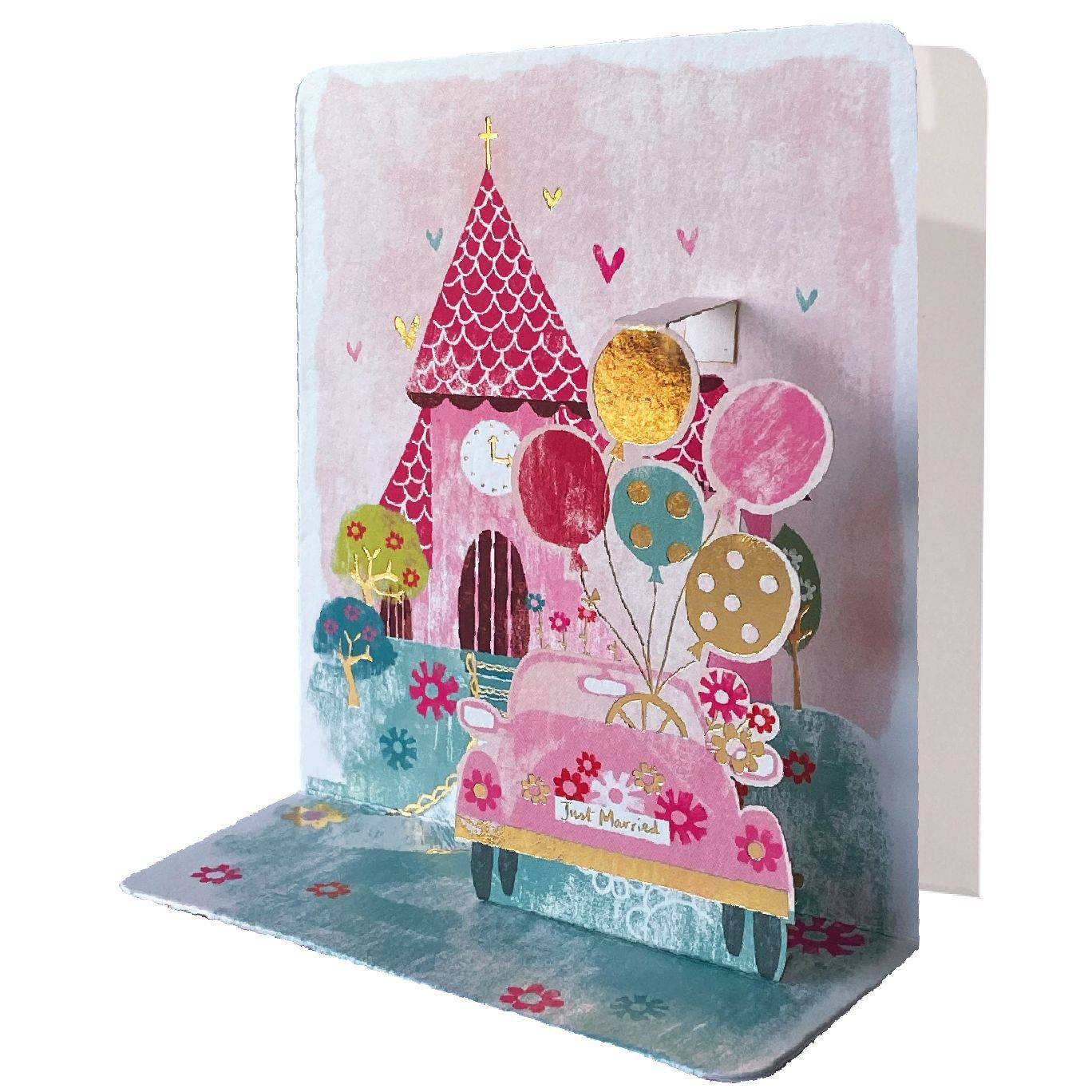 Colorful Car & Castle Pop-up Small card by Pictura featuring a whimsical castle and vehicle design with intricate details.